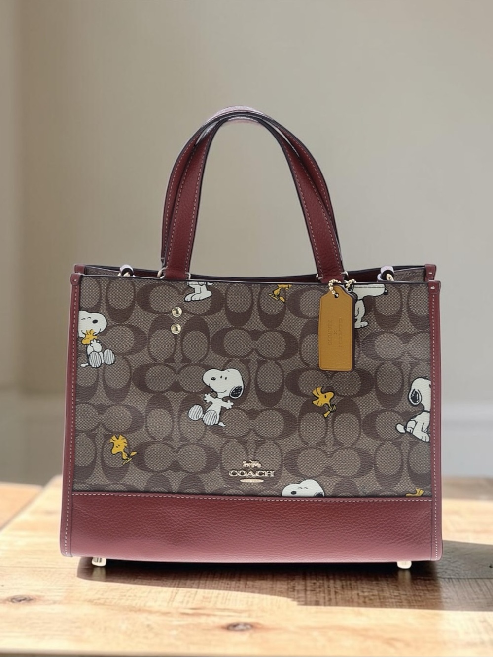 Coach X Peanuts Dempsey Carryall Bag With Snoopy Woodstock Print Brown